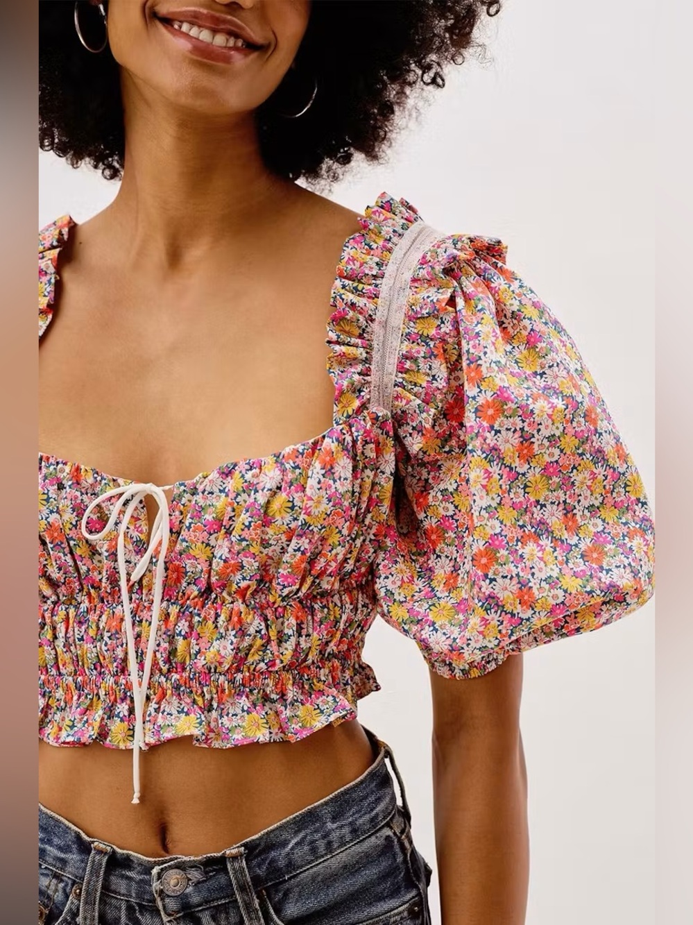 FOR LOVE & LEMONS Libby Top Cropped Floral Puff Sleeve Cotton Blouse Size XXS